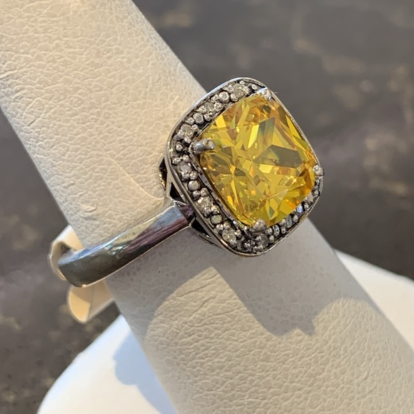 Sterling Silver Synthetic Golden Topaz & Diamond Halo Ring - Picture 3 of 4